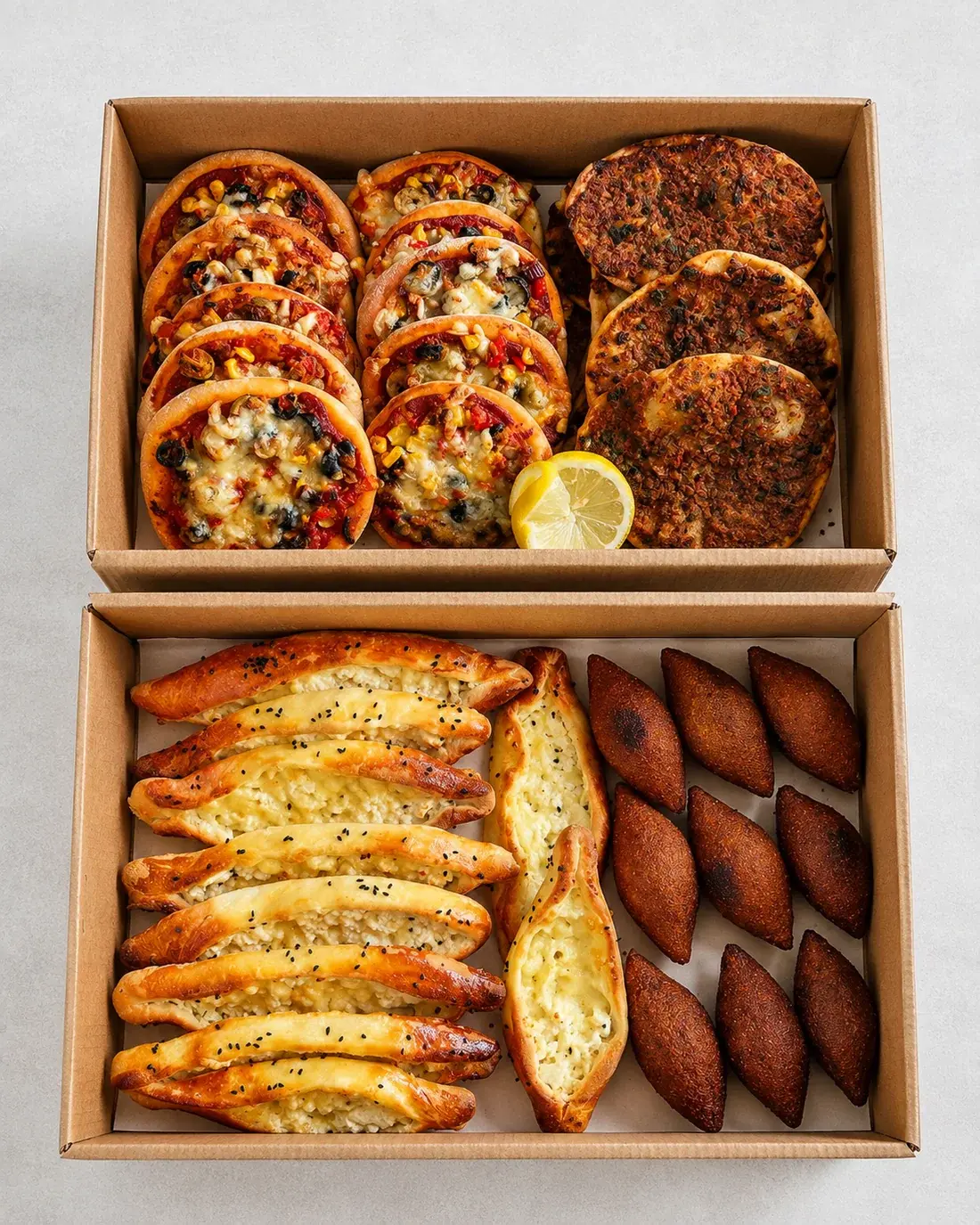 Royale boxen met mini pizza, pide en içli köfte