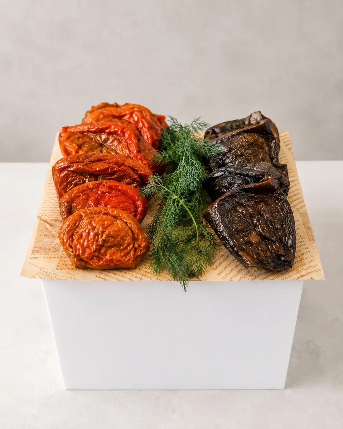 Gevulde rode paprika's en aubergines op een verzorgde schaal
