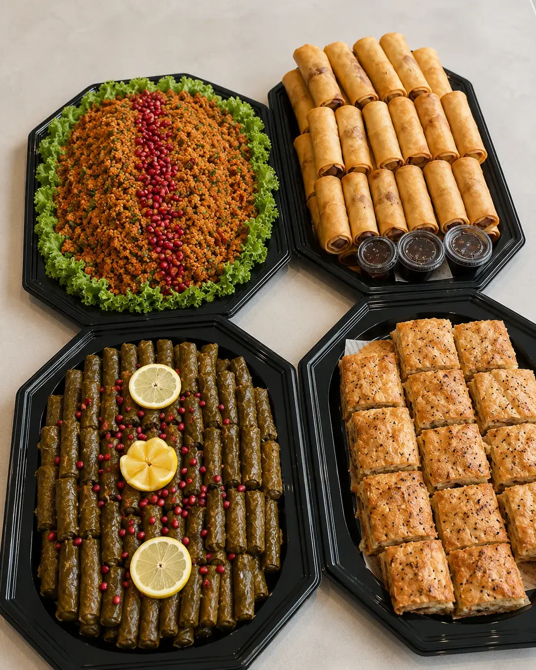 Assortiment met kısır, loempia's, sarma en börek