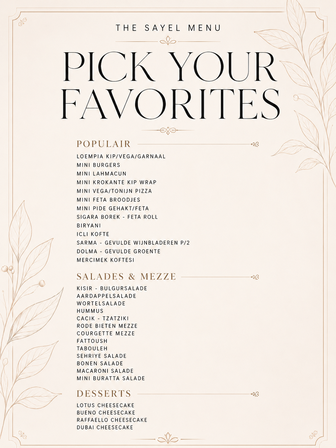 Het volledige Bites by Sayel menu met populaire gerechten, salades, mezze en desserts